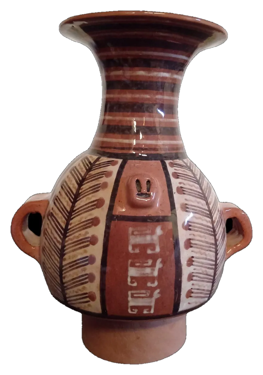 Aríbalo de cerámica de Raqchi con decoración geométrica